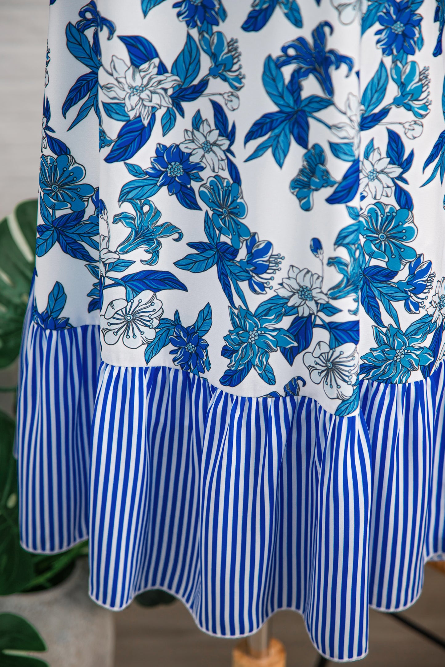 Sky Blue Floral Print U Neck Sleeveless Striped Ruffle Hem Patchwork Dress