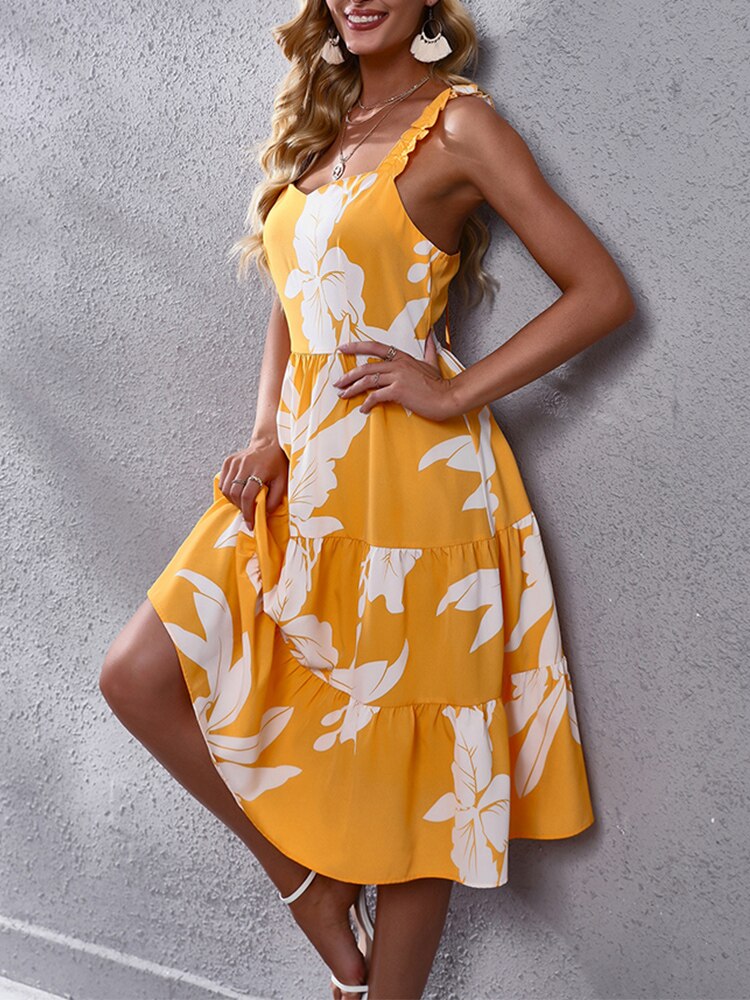 Fashion Halter Sleeveless A-line ,Maxi Dress Printed Loose Dress