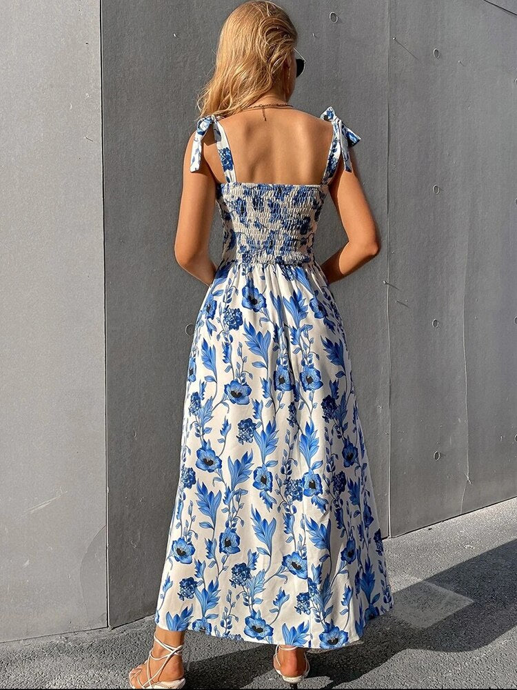 Floral Long Dress Women Backless Sleeveless Bandage Beach Sundress