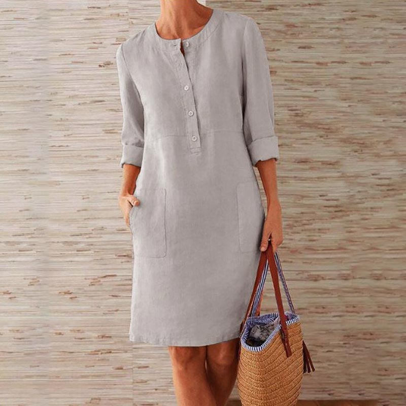 Long Sleeve Cotton and Linen Tunic Dress ``