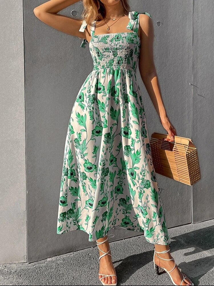 Floral Long Dress Women Backless Sleeveless Bandage Beach Sundress