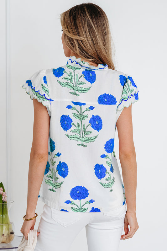 Blue Wild Flower Print Contrast Trim Scallop Detail Short Sleeve Blouse