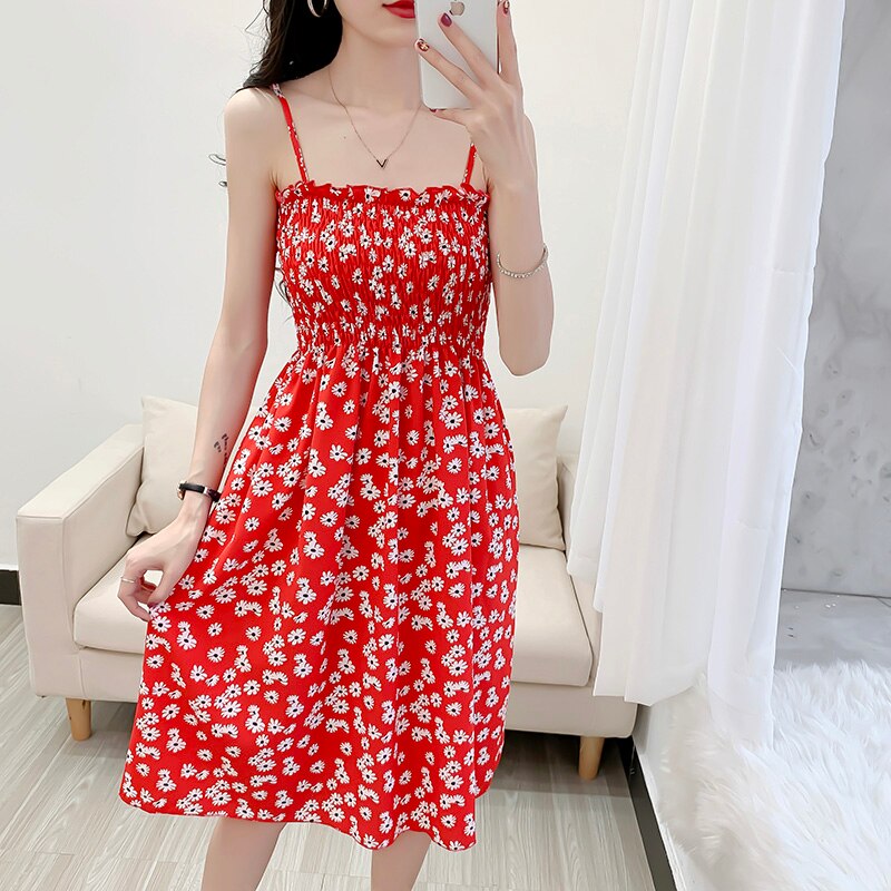 Spaghetti Strap Floral Printed High Waist Dress