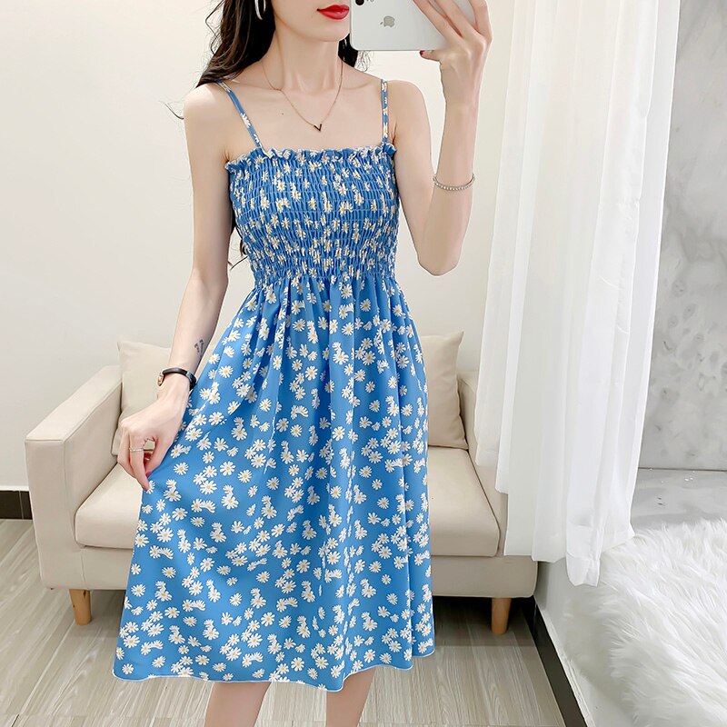 Spaghetti Strap Floral Printed High Waist Dress