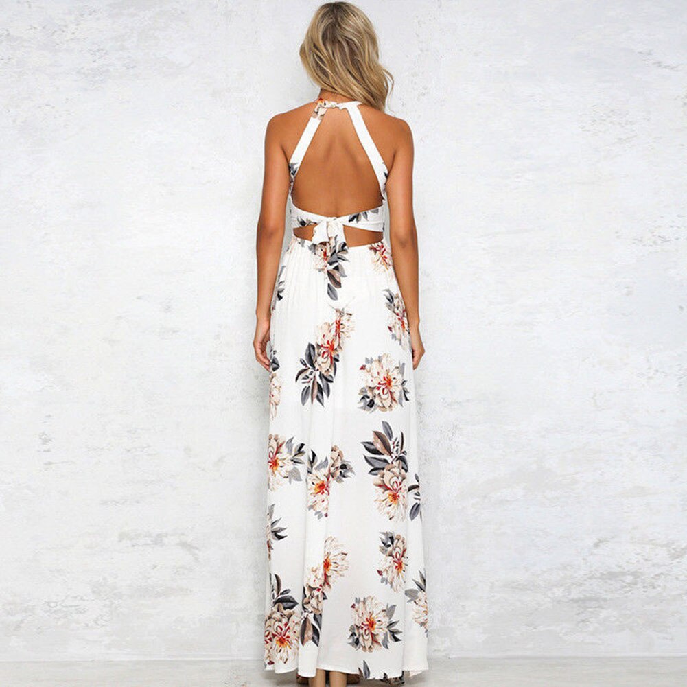Floral print halter chiffon long dress