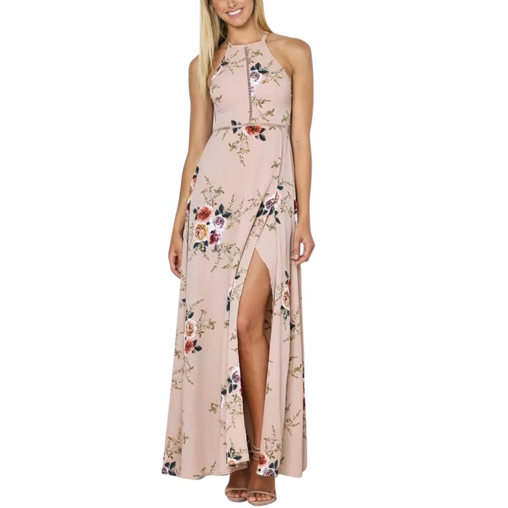 Floral print halter chiffon long dress