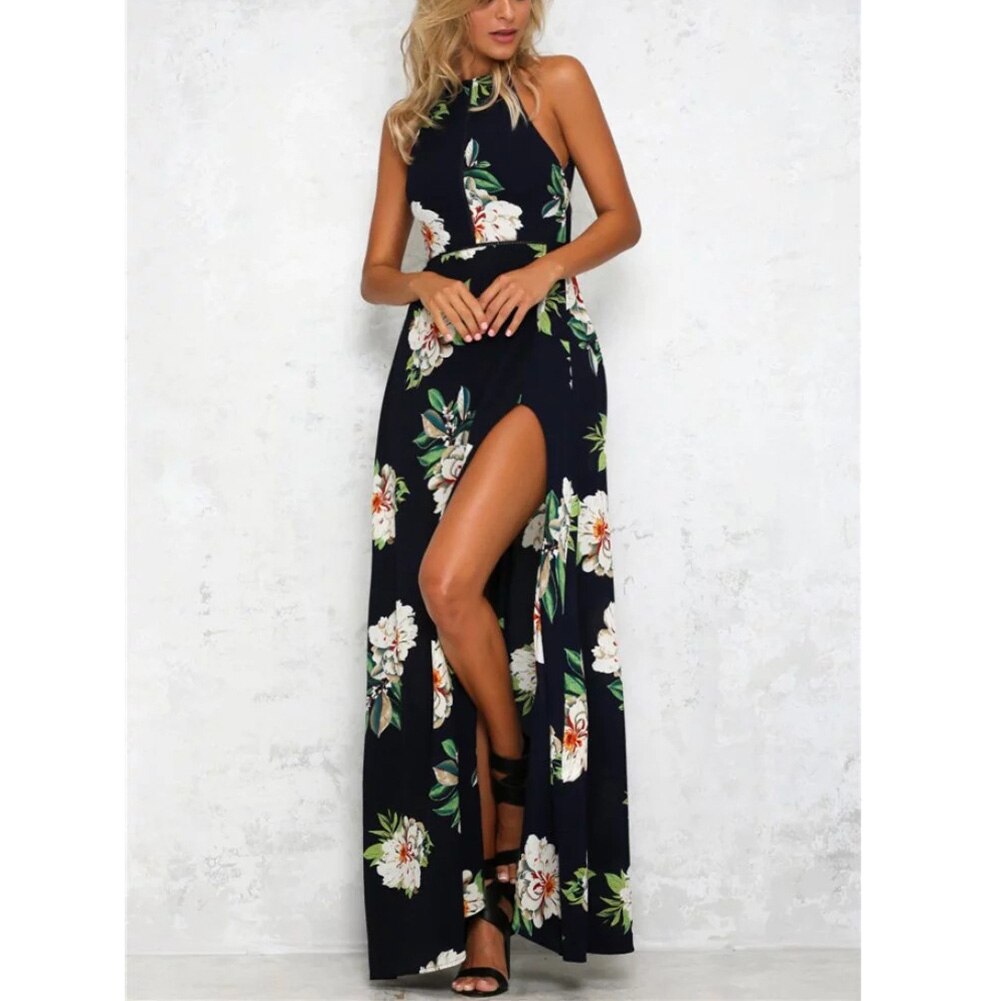Floral print halter chiffon long dress