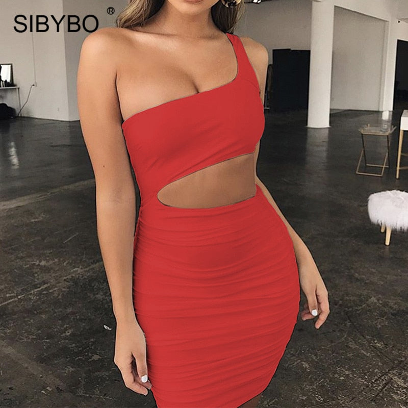 One Shoulder Hollow Out Backless Mini Bodycon Dress