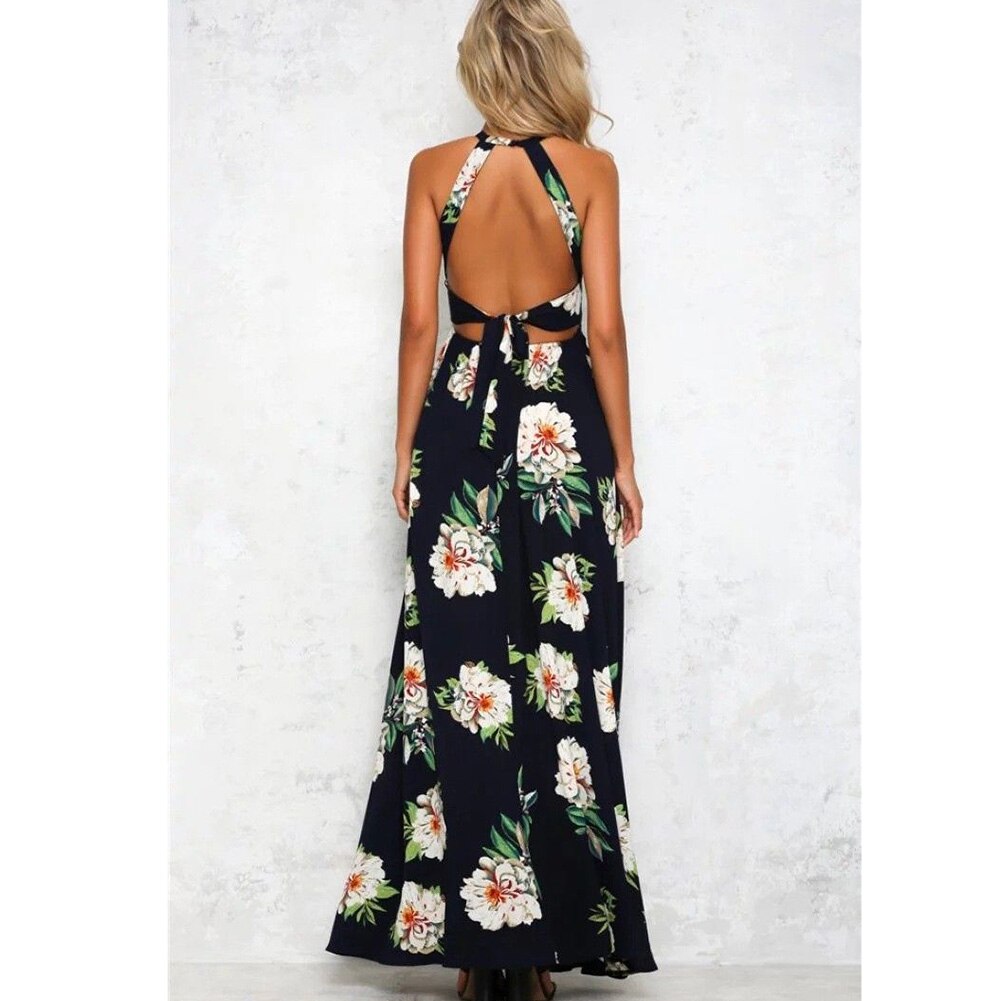 Floral print halter chiffon long dress