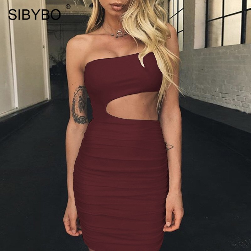 One Shoulder Hollow Out Backless Mini Bodycon Dress
