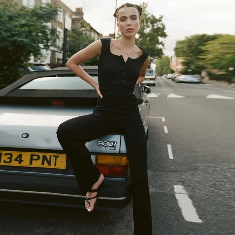 Sibybo Black Knitted Sleeveless Jumpsuit