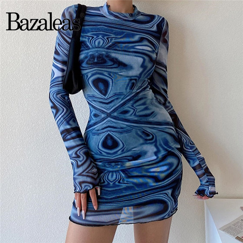 Slim Blue Wave Pattern Mesh Mini Dress
