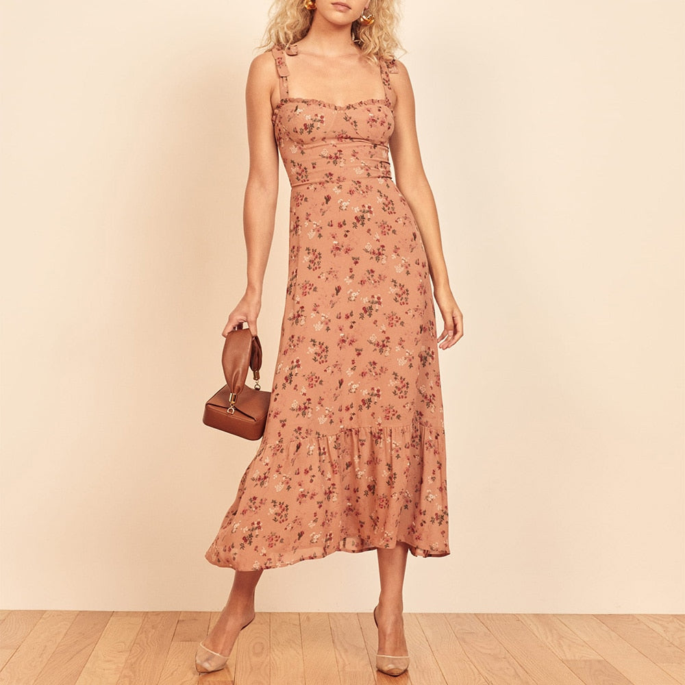 Ruffle Hem Floral Chiffon Midi Dress Frill Edge