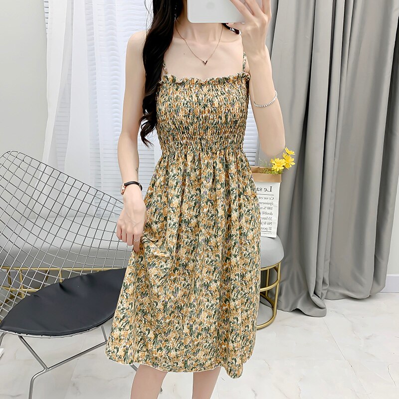 Spaghetti Strap Floral Printed High Waist Dress