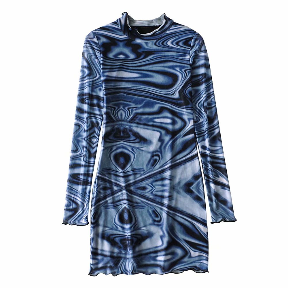Slim Blue Wave Pattern Mesh Mini Dress