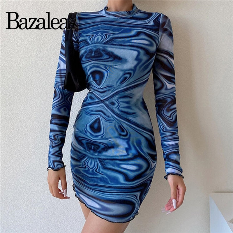 Slim Blue Wave Pattern Mesh Mini Dress