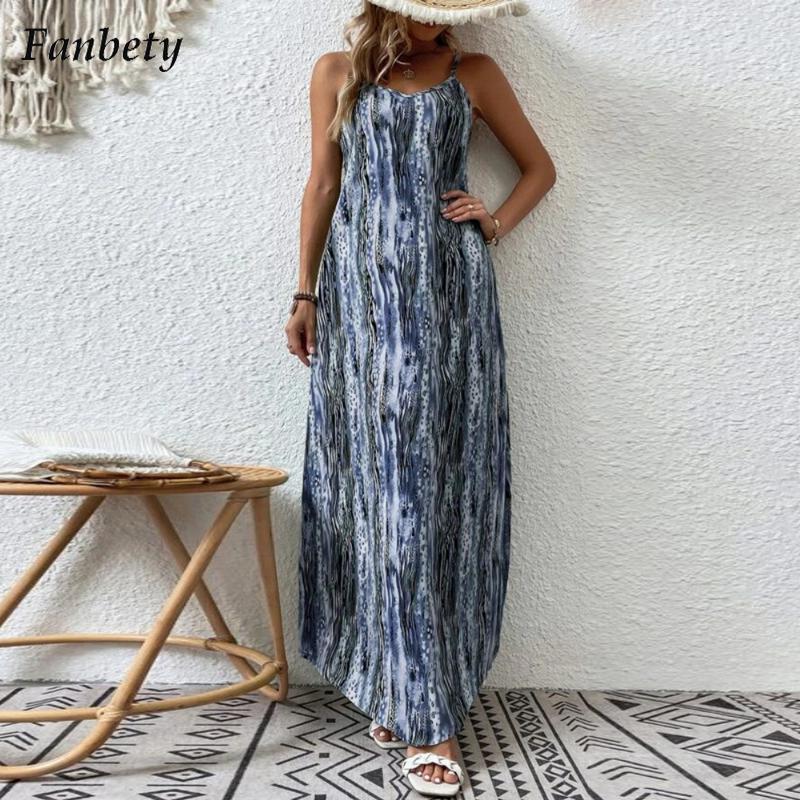 Vintage Print Beach Dress, Spaghetti Strap Bohe Dress
