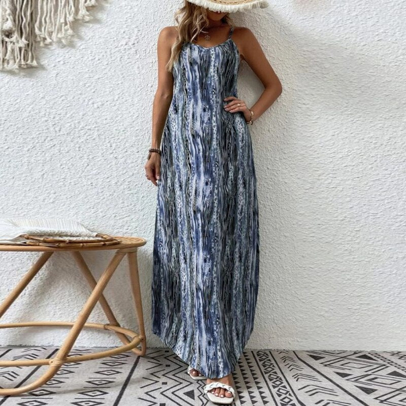 Vintage Print Beach Dress, Spaghetti Strap Bohe Dress
