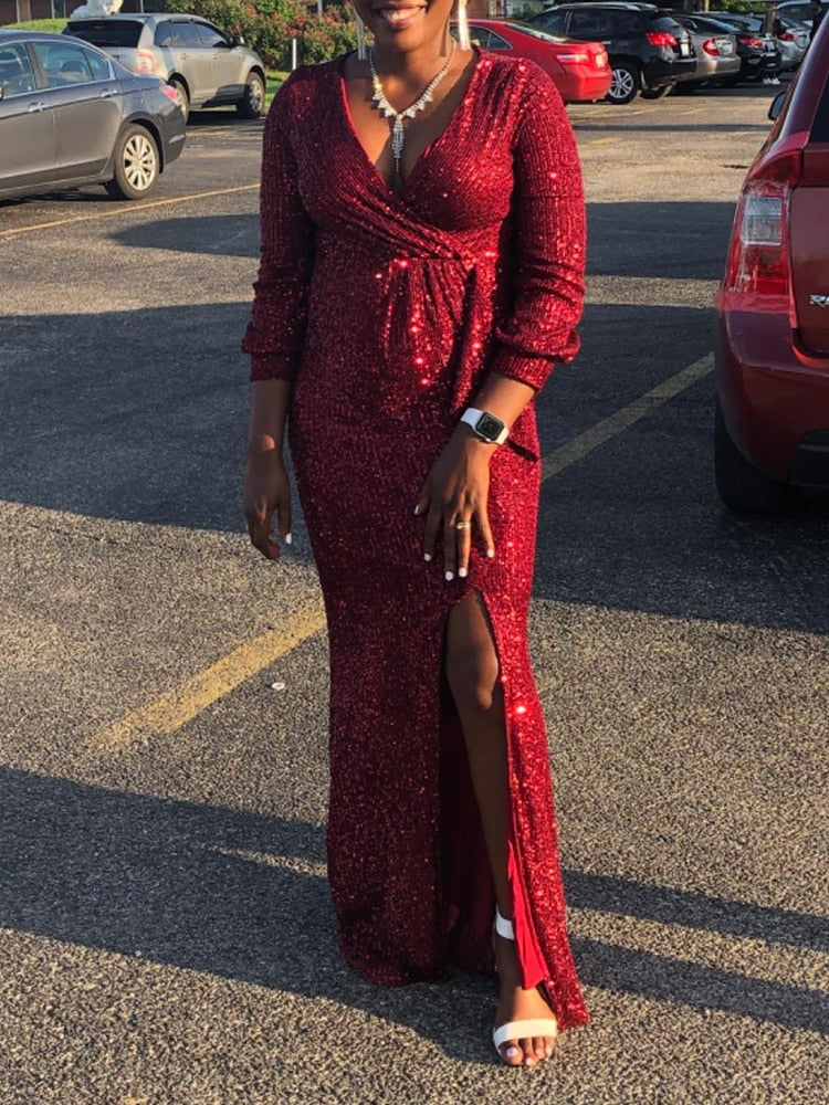 Burgundy Full Sleeve Evening Dress Sequinde Formal Dress Sexy V-neck Prom Gown Elegant Evening Gowns for Women Gold