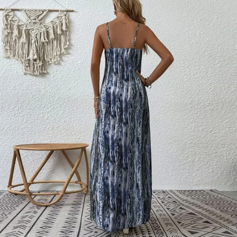 Vintage Print Beach Dress, Spaghetti Strap Bohe Dress