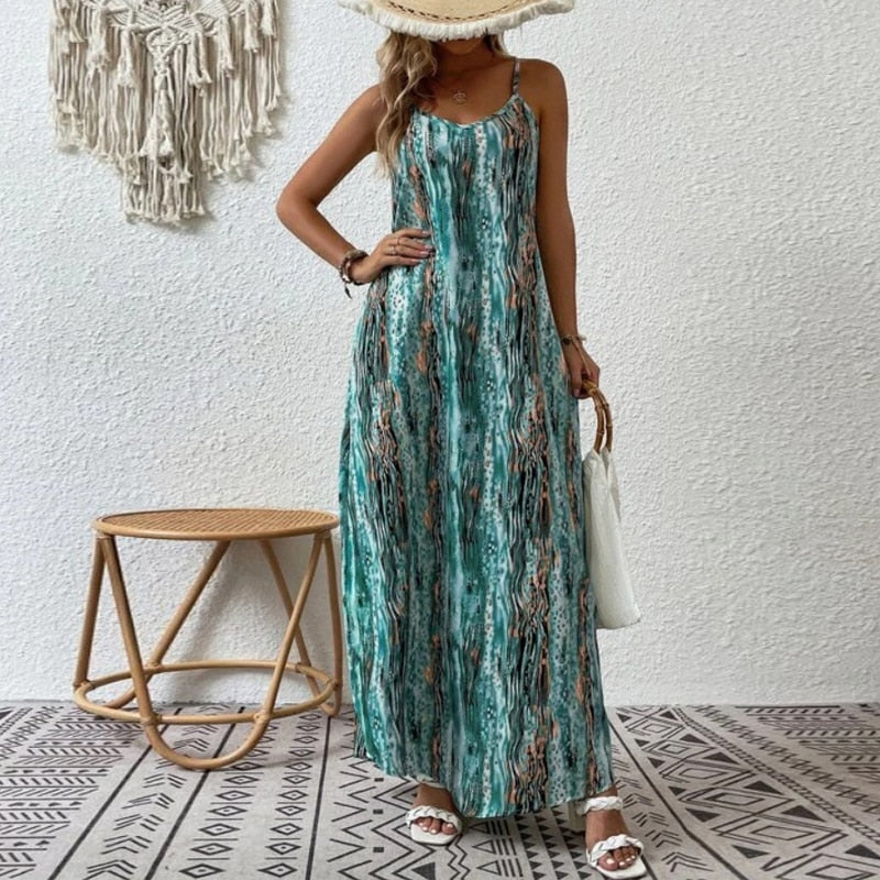 Vintage Print Beach Dress, Spaghetti Strap Bohe Dress
