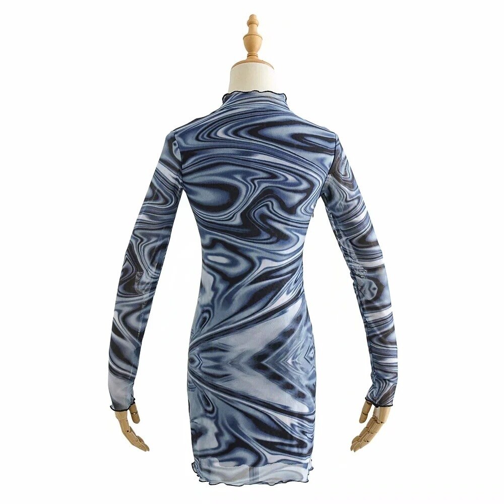 Slim Blue Wave Pattern Mesh Mini Dress