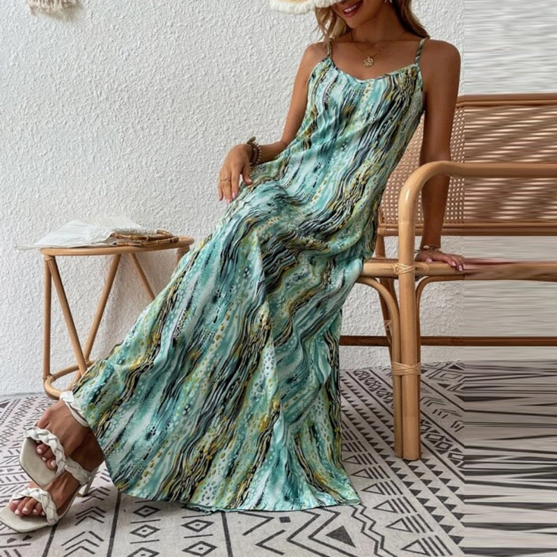 Vintage Print Beach Dress, Spaghetti Strap Bohe Dress