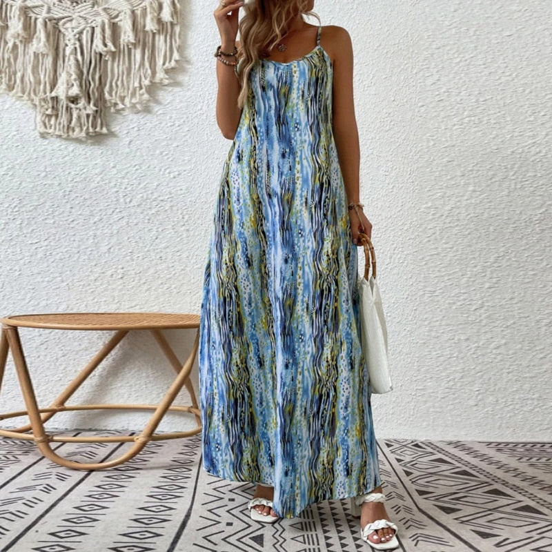 Vintage Print Beach Dress, Spaghetti Strap Bohe Dress