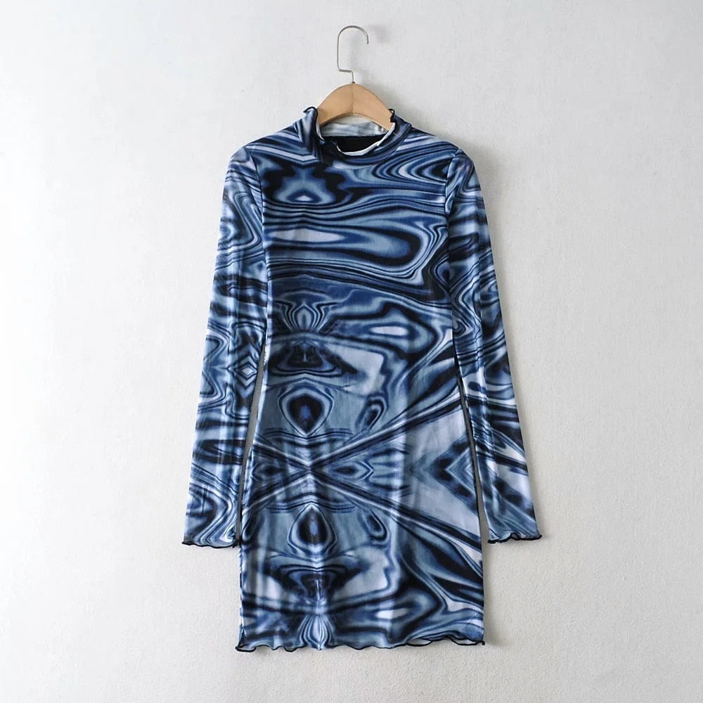Slim Blue Wave Pattern Mesh Mini Dress