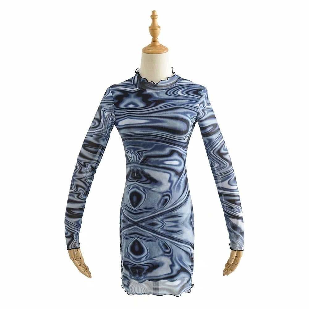 Slim Blue Wave Pattern Mesh Mini Dress