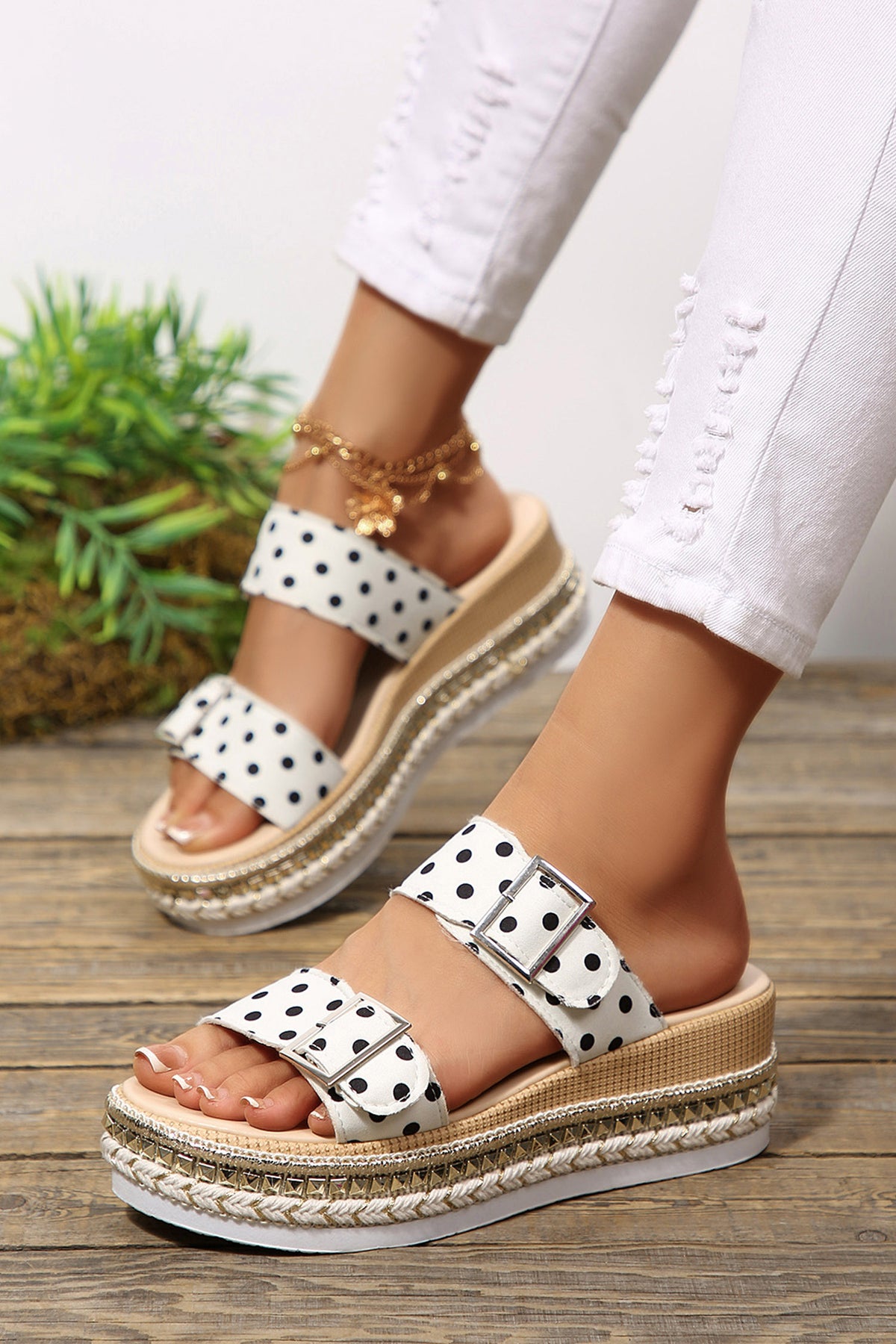Color black Polka Dot Pattern Double Buckle Straps Hollow Out Platform Slippers