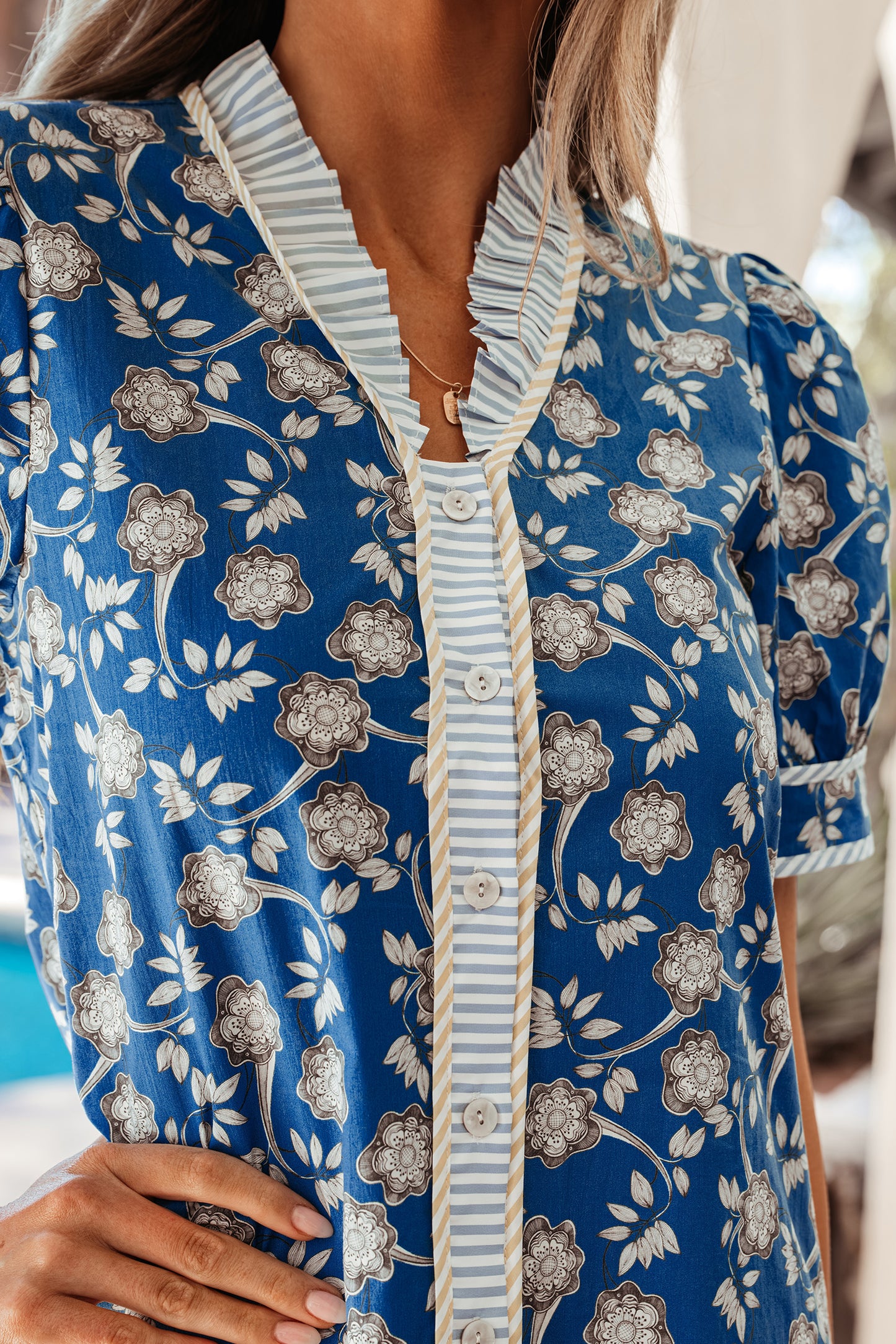 Blue Striped Trim Half Buttons Short Sleeve Floral Dress