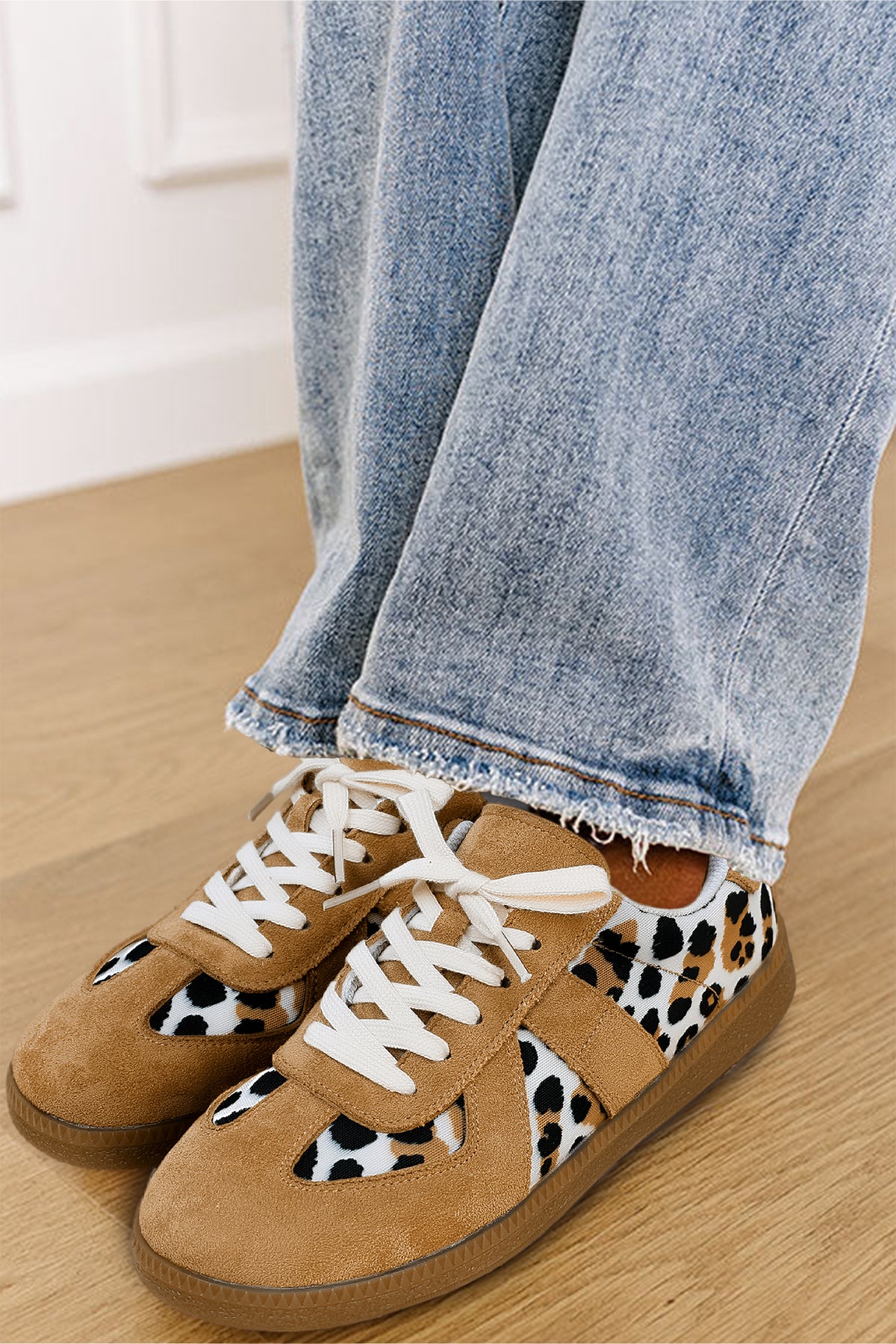 Light French Beige Color Block Leopard Print Patchwork Lace-up Flat Shoes