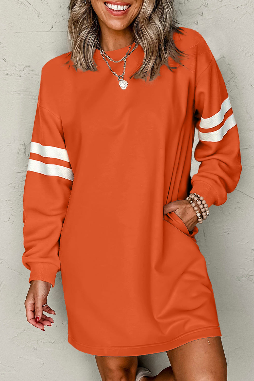 Orange Varsity Contrast Banded Sleeve Shift Sweatshirt Dress