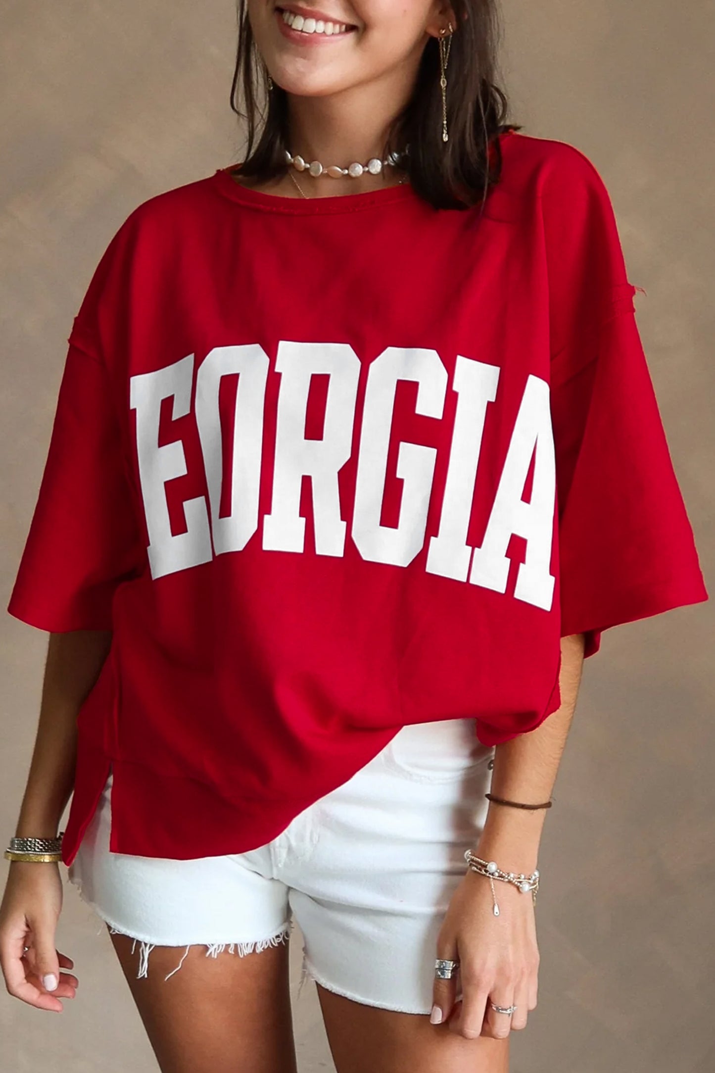 Racing Red GEORGIE Letter Printed Raw Seam Drop Shoulder Loose Tee