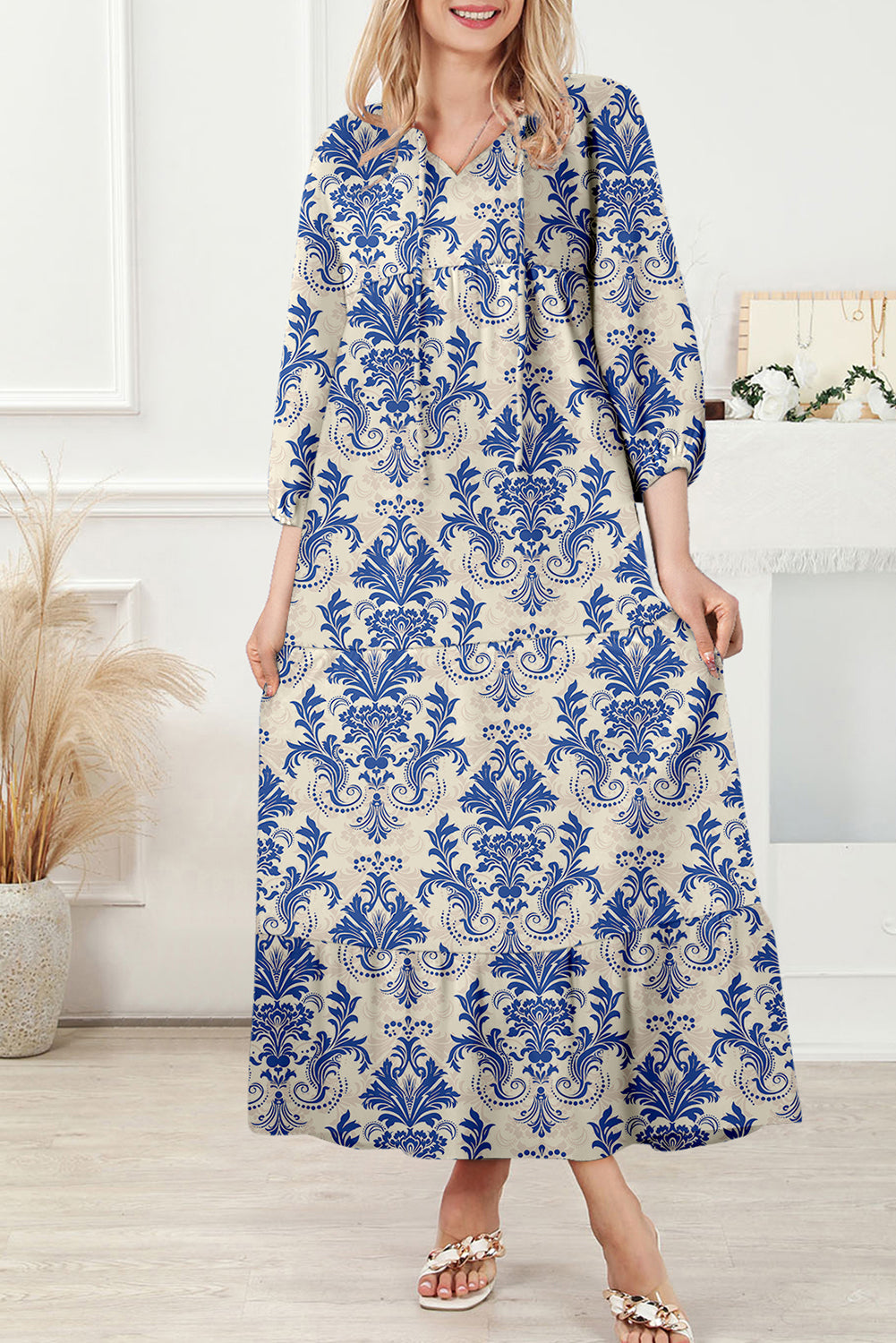 Sky Blue Boho Printed Half Sleeve Maxi Dress