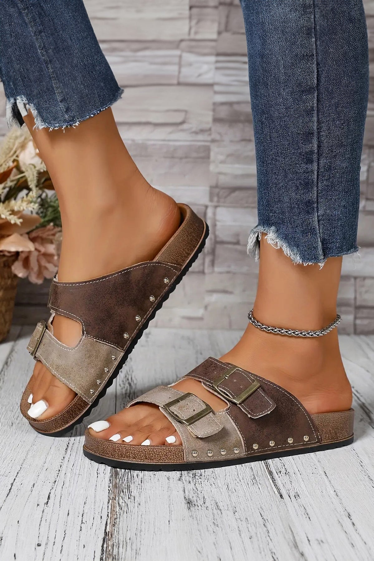 Dark Blue American Flag Retro Buckle Straps Hollowed Faux Suede Slippers