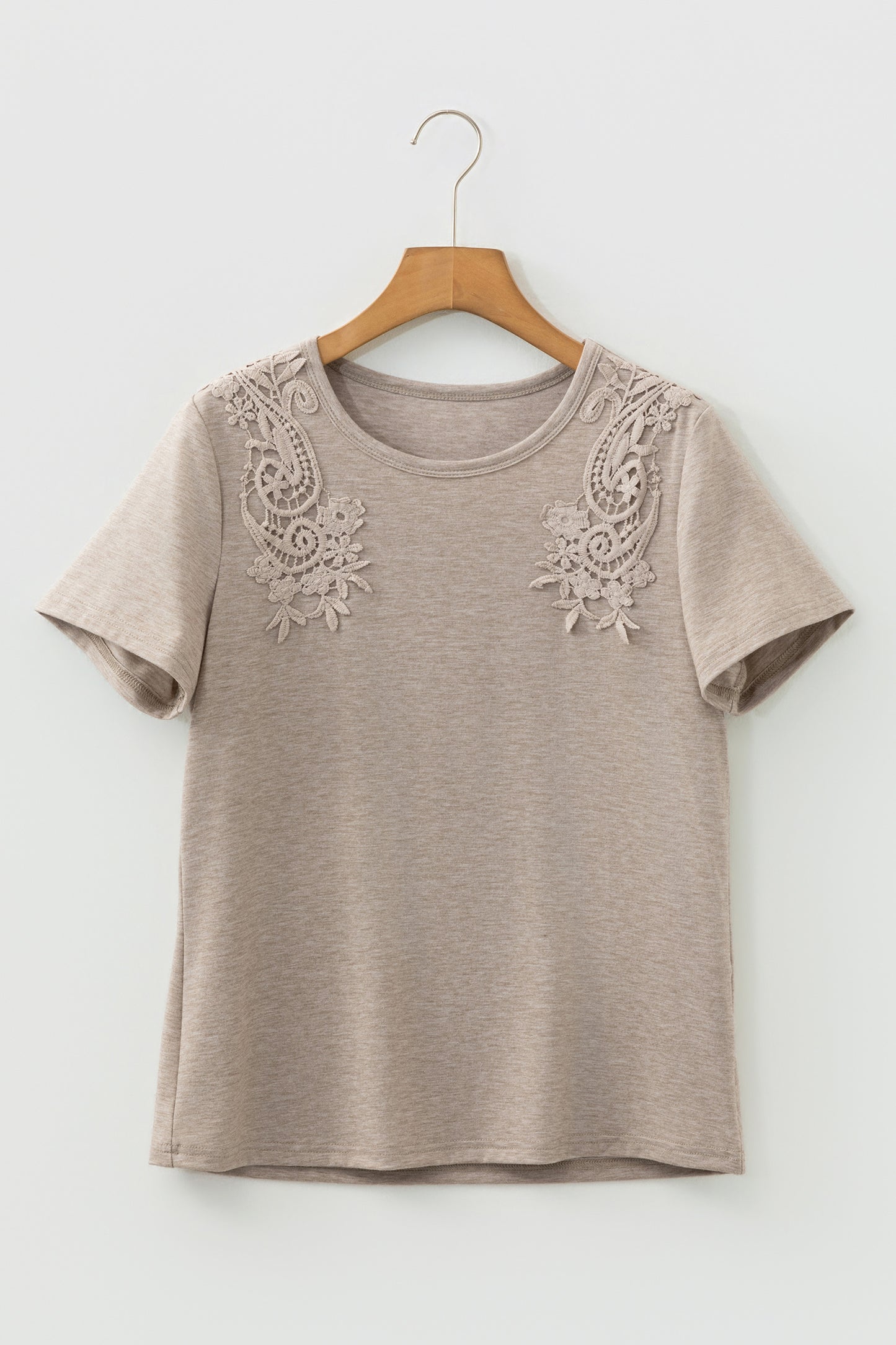 Smoke Gray Solid Color Lace Patched Detail Round Neck Tee