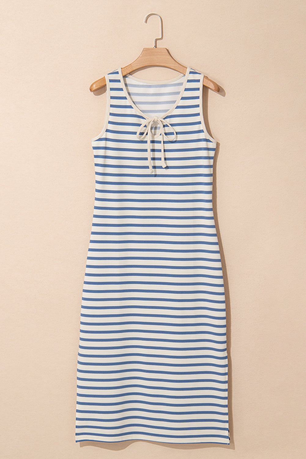 Sky Blue Stripe Tie V Neck Sleeveless Side Slit Midi Dress
