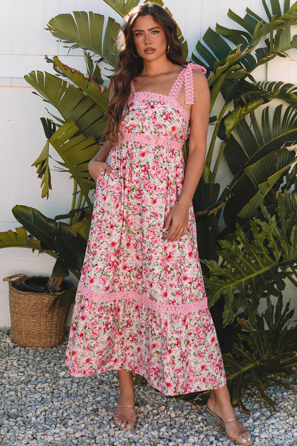 Pink Floral Lace Tied Strap Empire Waist Maxi Dress – Gou4you Pink Floral Lace Tied Strap Empire Waist Maxi Dress – Gou4you