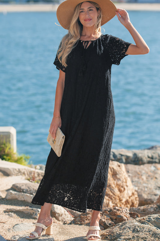 Black Floral Lace Overlay Tassel Tie Short Sleeve Beach Vacation Loose Maxi Dress