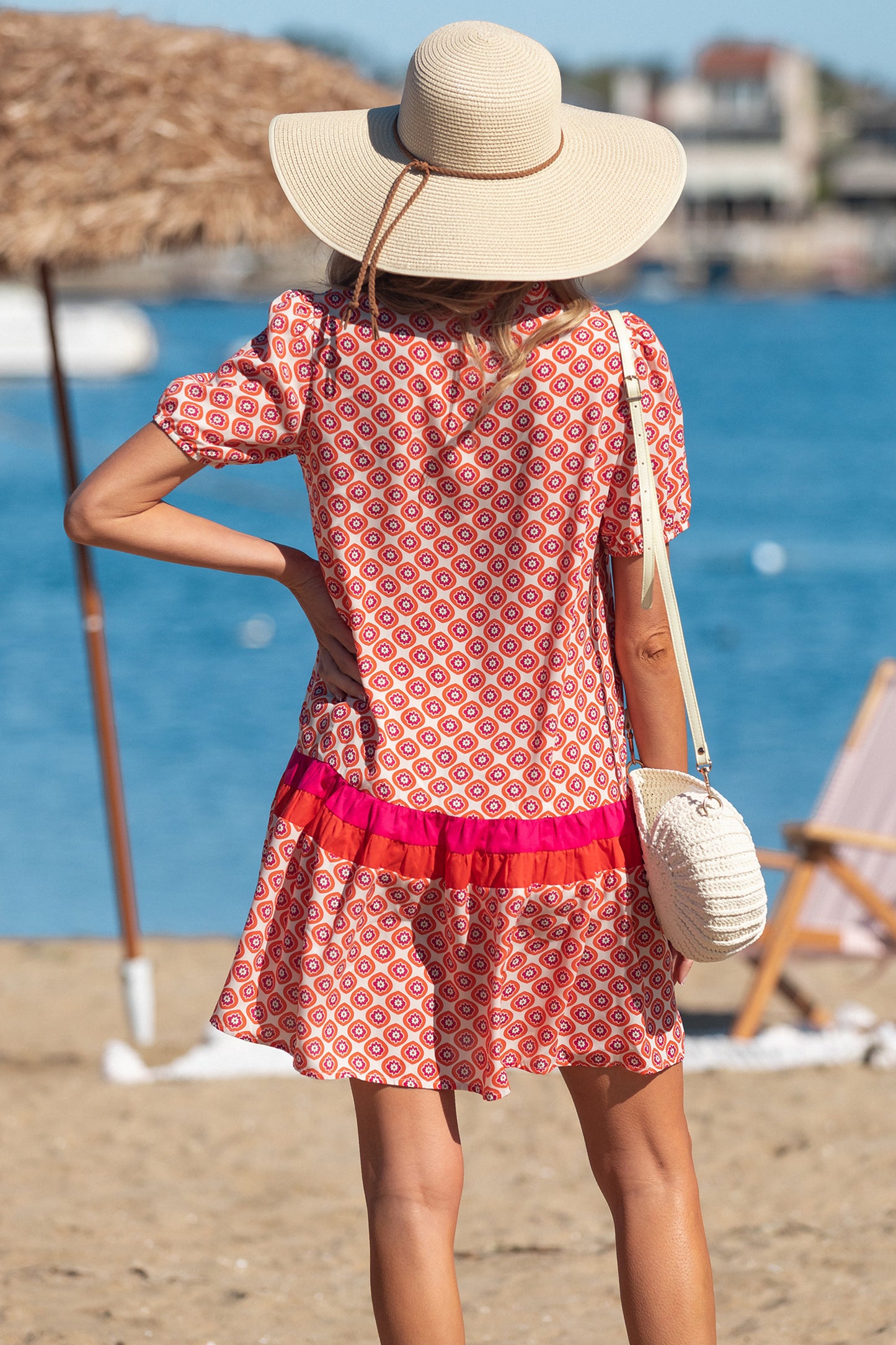 Orange Geometric Floral Print Color Block Trim Button Front Ruffle Hem Dress
