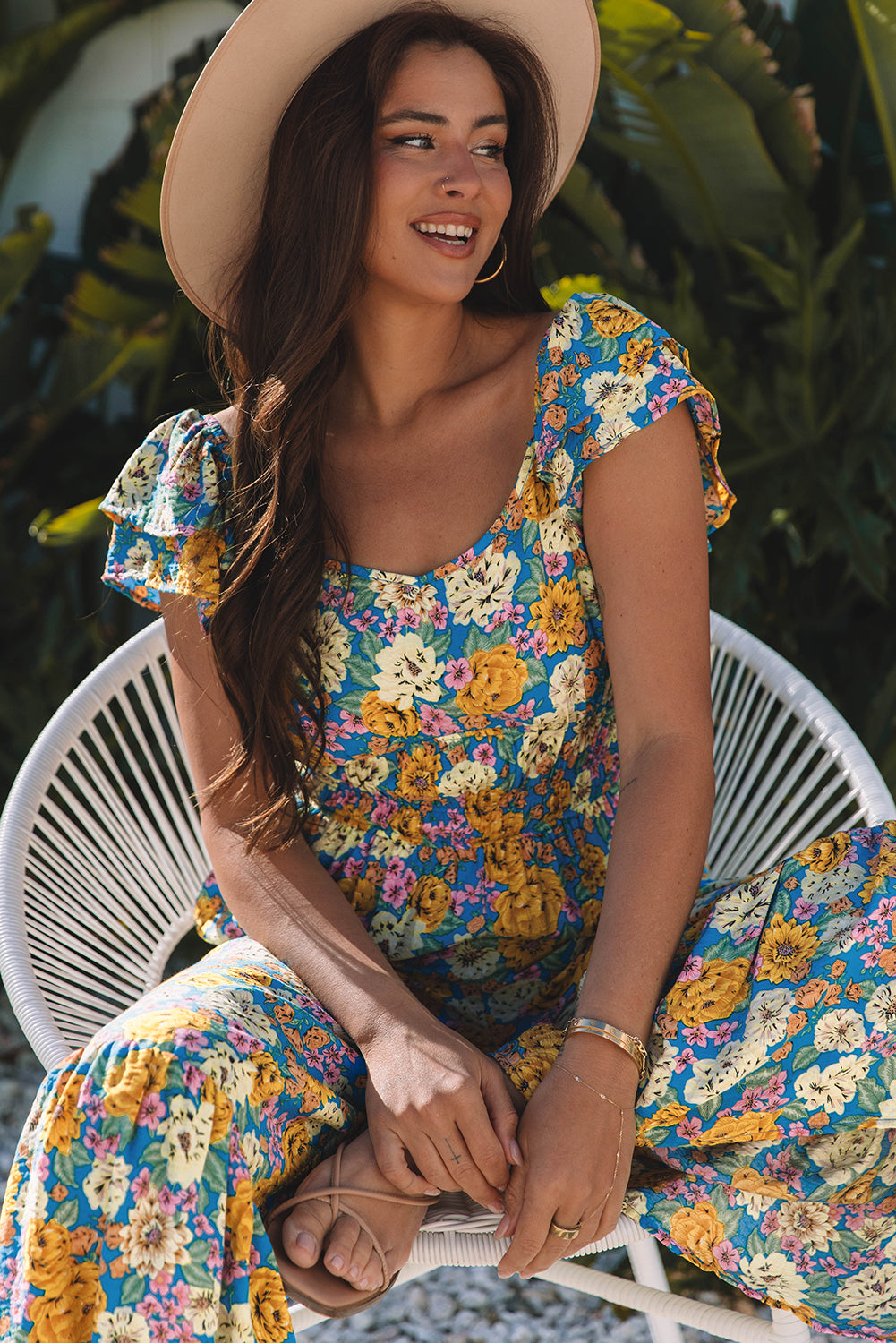 Yellow Floral Allover Print Shirred Cut Out High Waist Jumpsuit