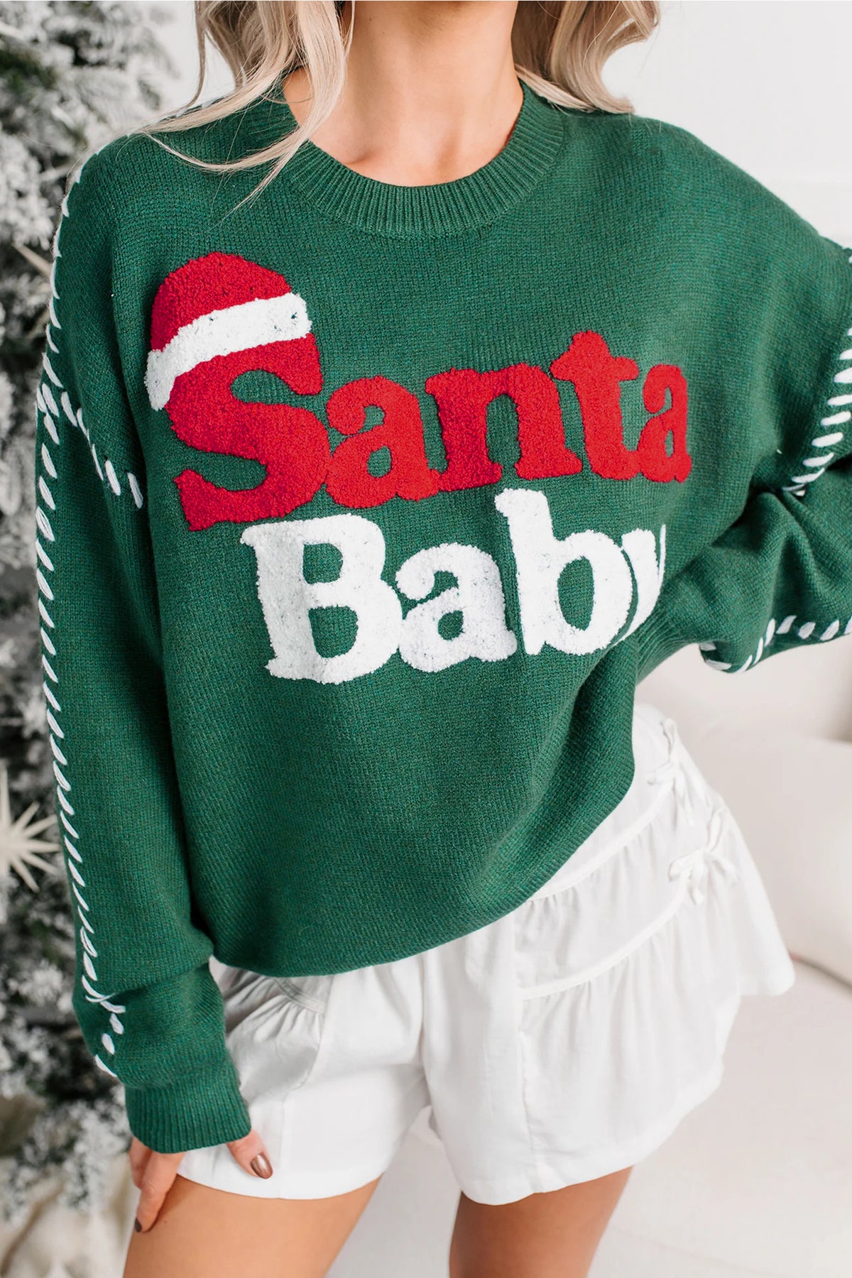 Evergreen Santa Baby Towel Embroidery Christmas Slogan Pullover Sweater