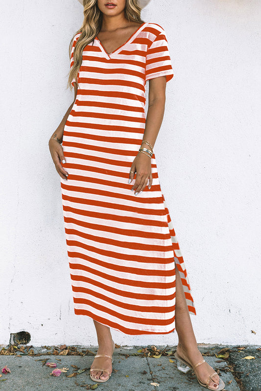 Fiery Red Black Stripe Print V Neck Maxi Dress with Side Splits