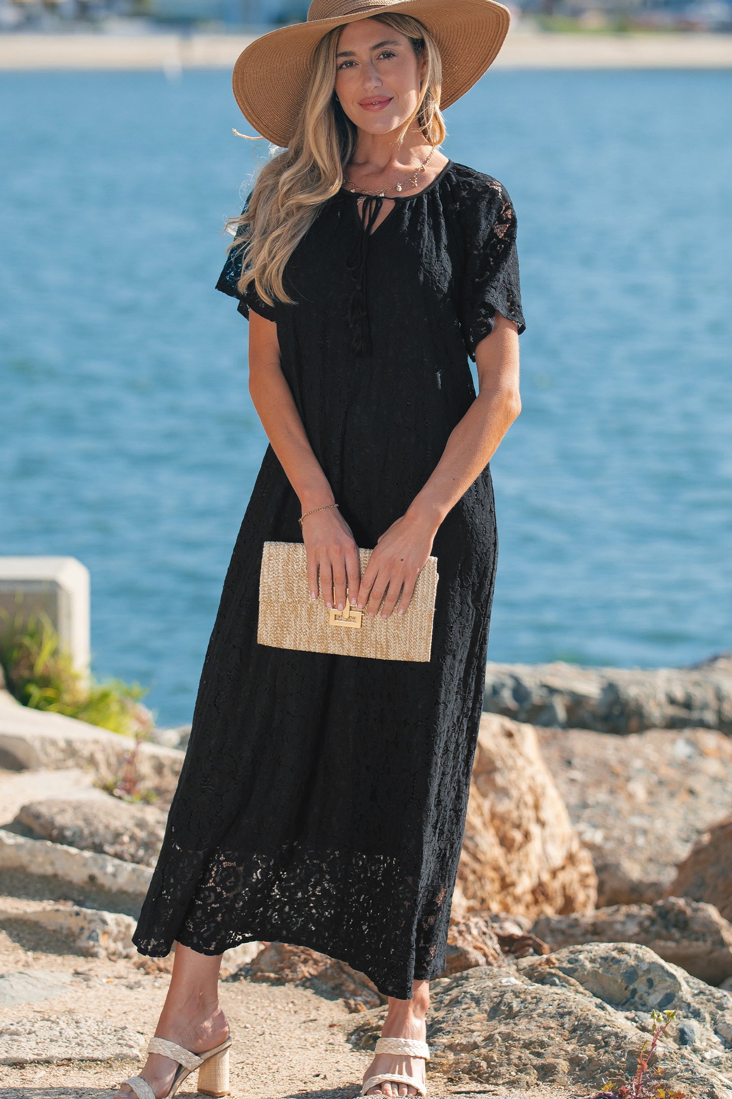 Black Floral Lace Overlay Tassel Tie Short Sleeve Beach Vacation Loose Maxi Dress