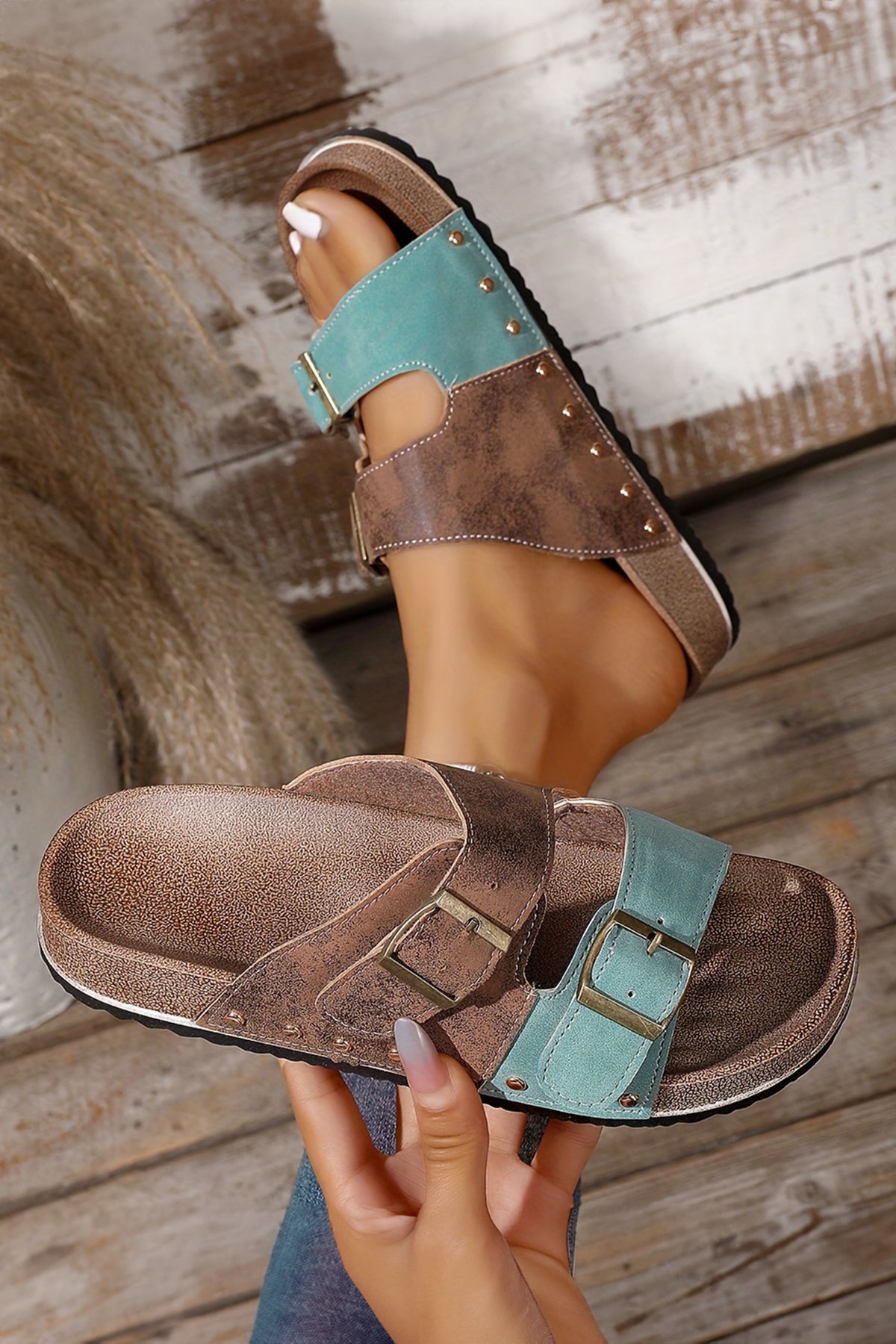 Dark Blue American Flag Retro Buckle Straps Hollowed Faux Suede Slippers