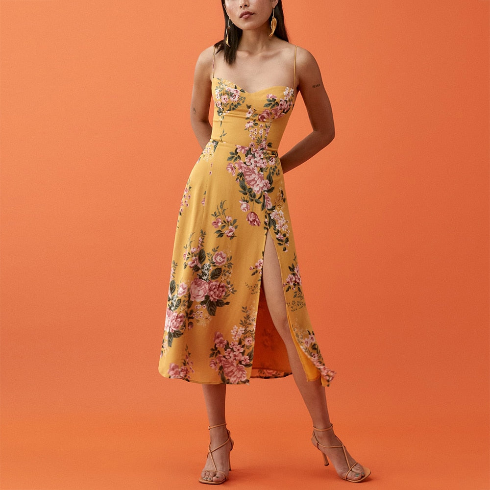 Elegant Vintage Floral Print Dress Sweetheart Neck Spaghetti Strap Midi Dress With Slit Sundress