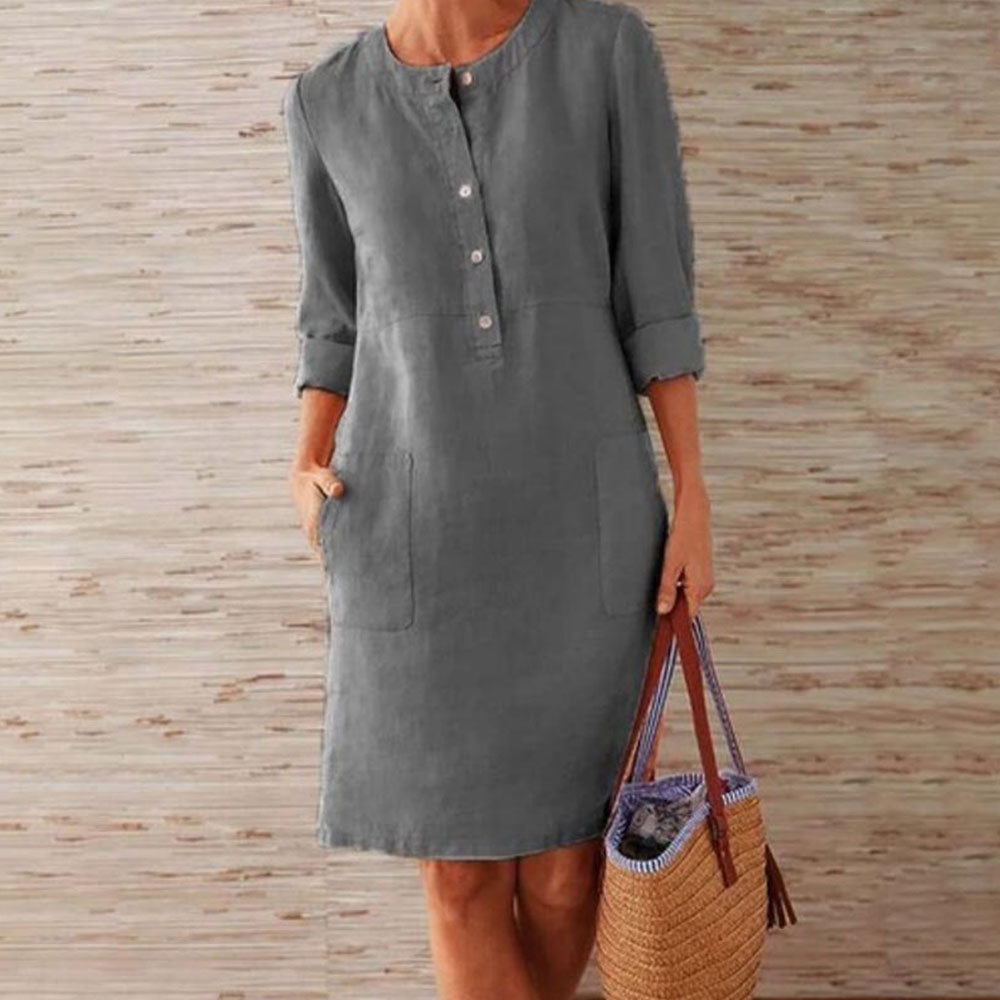 Long Sleeve Cotton and Linen Tunic Dress ``