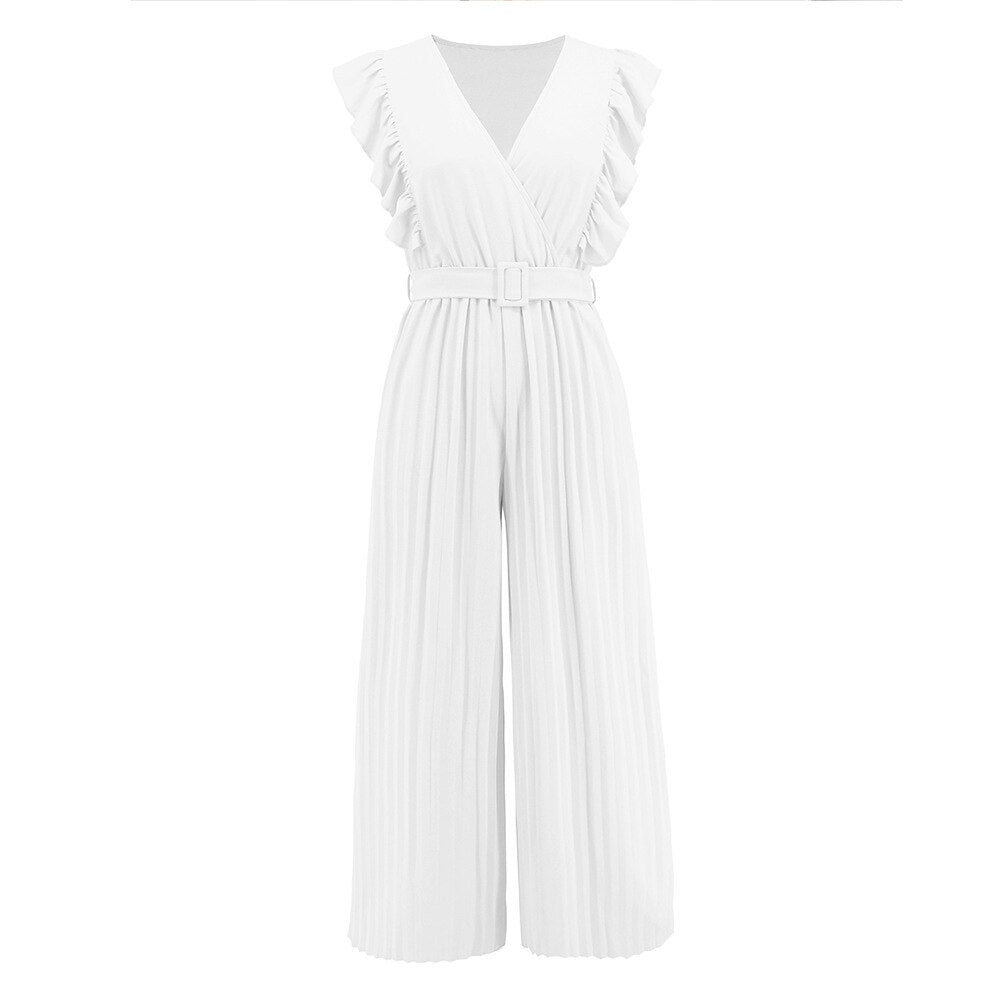 Slim Rompers Sleeveless Ruffle V-neck Pleated Women Jumpsuit